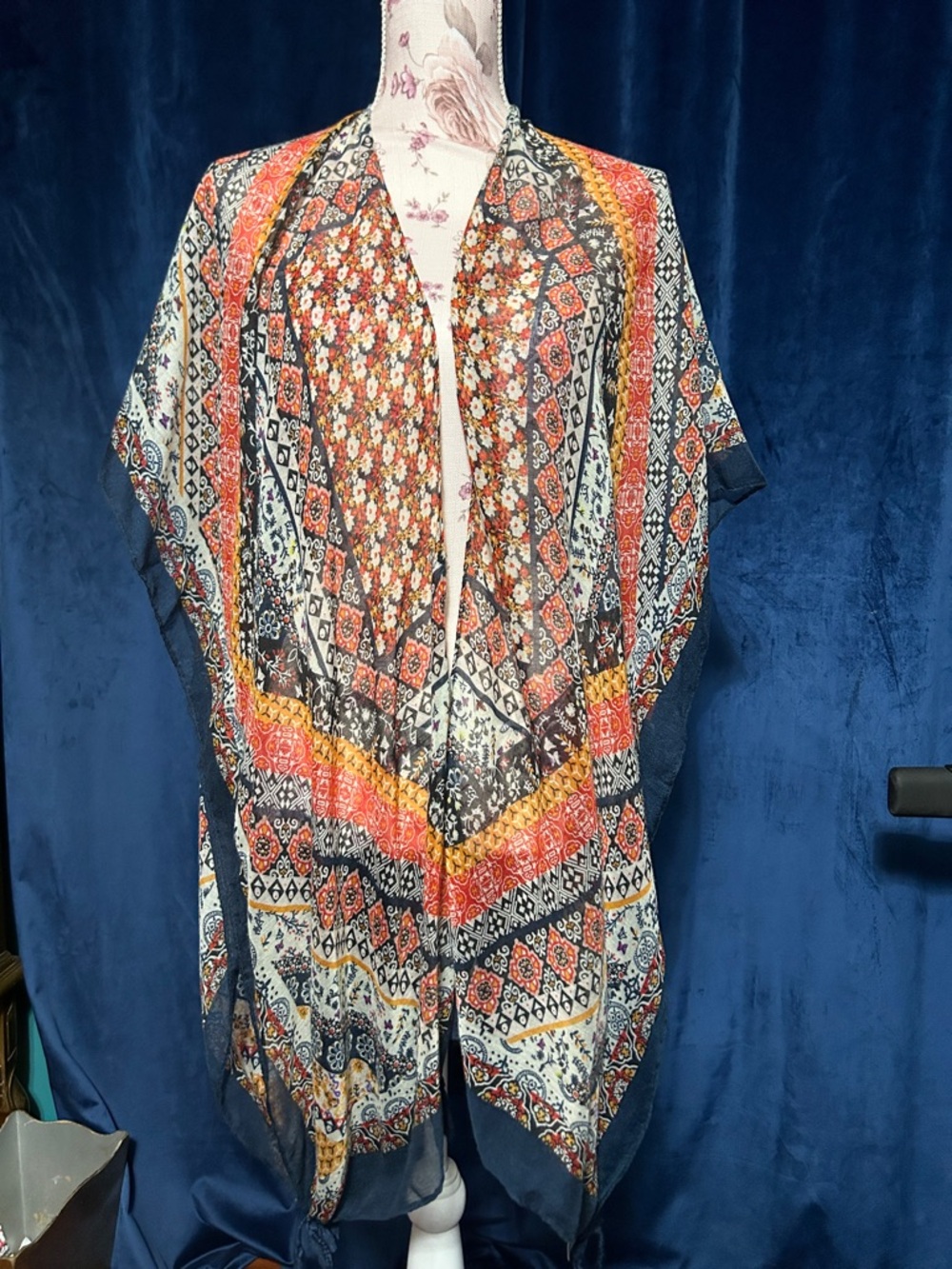 Bohemian Mixed Print Kimono Cardigan in Navy, Orange, Yellow